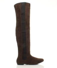 Right side view of Brown Suede Flat Stretch Chelsea Over The Knee Boots