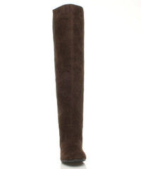 Left side view of Brown Suede Flat Stretch Chelsea Over The Knee Boots