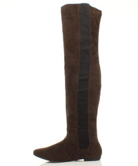 Back right side view of Brown Suede Flat Stretch Chelsea Over The Knee Boots
