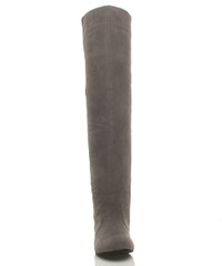 Left side view of Grey Suede Flat Stretch Chelsea Over The Knee Boots