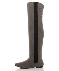 Back right side view of Grey Suede Flat Stretch Chelsea Over The Knee Boots