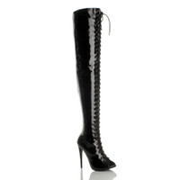 Front right side view of Black Patent High Heel Lace Up Over The Knee Thigh Boots