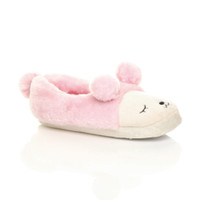 Front right side view of Baby Pink Fur Flat Faux Fur Pom Pom Bear Face Slippers