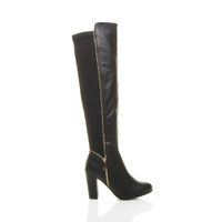 Right side view of Black PU High Heel Gold Zip Over The Knee Boots
