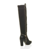 Back right side view of Black PU High Heel Gold Zip Over The Knee Boots