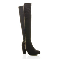 Front right side view of Black Suede High Heel Gold Zip Over The Knee Boots