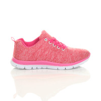 Right side view of Fuchsia Pink Flat Lace Up Comfy Space Dye Trainers