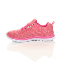 Left side view of Fuchsia Pink Flat Lace Up Comfy Space Dye Trainers