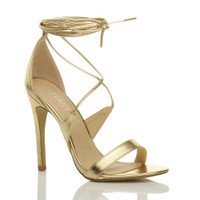 Front right side view of Gold PU High Heel Lace Up Barely There Sandals