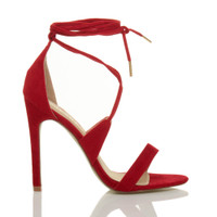 Right side view of Red Suede High Heel Lace Up Barely There Sandals