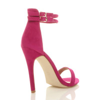 Back right side view of Fuchsia Pink Suede High Heel Strappy Barely There Sandals