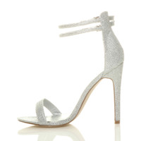 Left side view of Silver Glitter High Heel Strappy Barely There Sandals