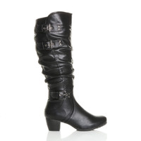 Right side view of Black PU Mid Cuban Heel Ruched Slouch Calf Boots