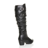 Back right side view of Black PU Mid Cuban Heel Ruched Slouch Calf Boots