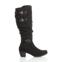 Right side view of Black Suede Mid Cuban Heel Ruched Slouch Calf Boots