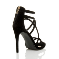 Back right side view of Black Suede High Heel Strappy Crossover Barely There Sandals