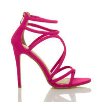 Right side view of Fuchsia Pink Suede High Heel Strappy Crossover Barely There Sandals