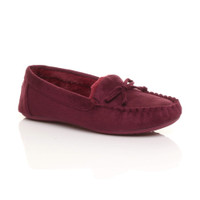 Front right side view of Burgundy Suede Fur Lined Luxury Flexible Moccasins Slippers
