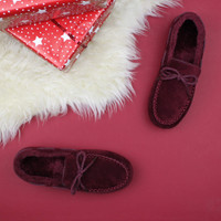 Burgundy Suede Fur Lined Luxury Flexible Moccasins Slippers
