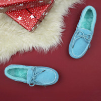 Blue Suede Fur Lined Luxury Flexible Moccasins Slippers