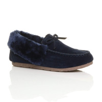Front right side view of Navy Suede Fur Collar Lined Luxury Flexible Moccasins Slippers