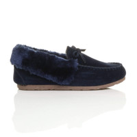 Right side view of Navy Suede Fur Collar Lined Luxury Flexible Moccasins Slippers