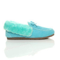 Right side view of Blue Suede Fur Collar Lined Luxury Flexible Moccasins Slippers