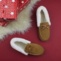 Chestnut Tan Suede Fur Collar Lined Luxury Flexible Moccasins Slippers