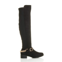 Right side view of Black Suede Low Heel Gold Chain Stretch Over The Knee Boots