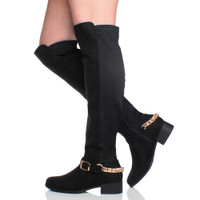 Model wearing Black Suede Low Heel Gold Chain Stretch Over The Knee Boots