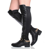 Model wearing Black PU Low Heel Gold Chain Stretch Over The Knee Boots