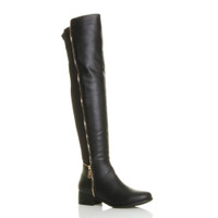 Front right side view of Black PU Low Heel Gold Zip Stretch Over The Knee Boots