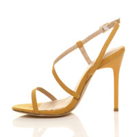 Left side view of Mustard Suede High Heel Barely There Strappy Buckle Evening Sandals