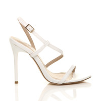 Right side view of White PU High Heel Barely There Strappy Buckle Evening Sandals