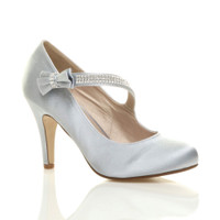 Front right side view of Silver Satin High Heel Mary Jane Diamante Bow Court Shoes