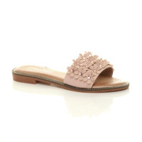 Front right side view of Pink PU Flat Diamante Flower Studded Flip Flop Sandals