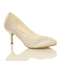 Front right side view of Ivory Satin Mid Metal Heel Court Shoes
