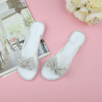 White Flat Jelly Diamante Bow Flip Flops Toe Post Sandals