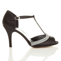 Right side view of Black Satin High Heel Diamante T-Bar Sandals
