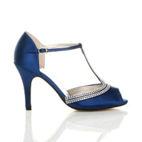 Right side view of Blue Satin High Heel Diamante T-Bar Sandals