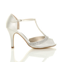 Right side view of Ivory Satin High Heel Diamante T-Bar Sandals