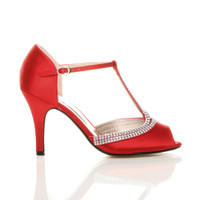 Right side view of Red Satin High Heel Diamante T-Bar Sandals