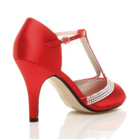 Back right side view of Red Satin High Heel Diamante T-Bar Sandals