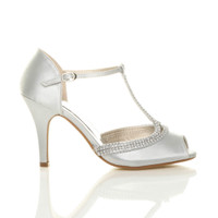 Right side view of Silver Satin High Heel Diamante T-Bar Sandals