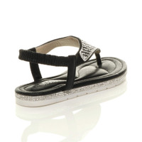 Back right side view of Black Flatform Toe Post Diamante T-Bar Comfort Slingback Sandals
