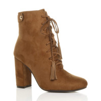 Front right side view of Camel Tan Suede High Block Heel Lace Up Tassel Ankle Boots