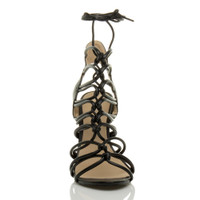 Front view of Black PU High Heel Strappy Ghillie Sandals