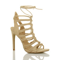 Front right side view of Nude Suede High Heel Strappy Ghillie Sandals