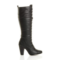Right side view of Black PU High Heel Biker Military Calf Boots