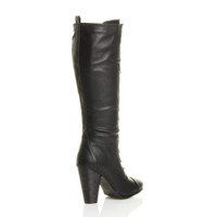 Back right side view of Black PU High Heel Biker Military Calf Boots